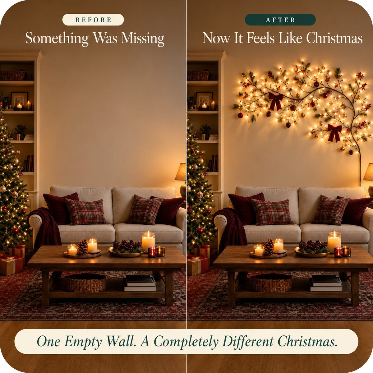 Before and after – an empty wall, then the willow lights