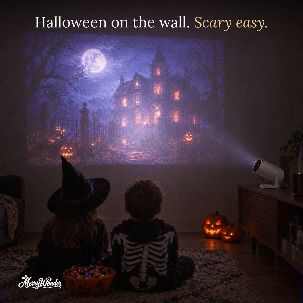 Halloween haunted house scene projected on the wall for two kids in costume