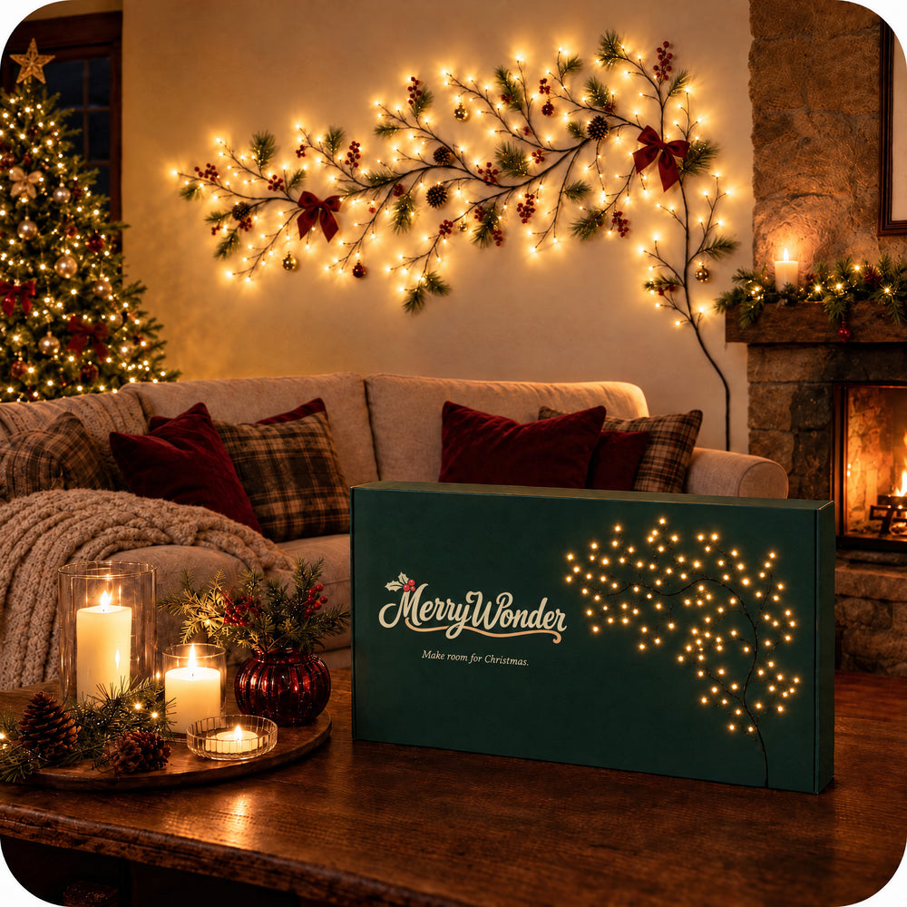 MerryWillow branch lights over the sofa, box on the table