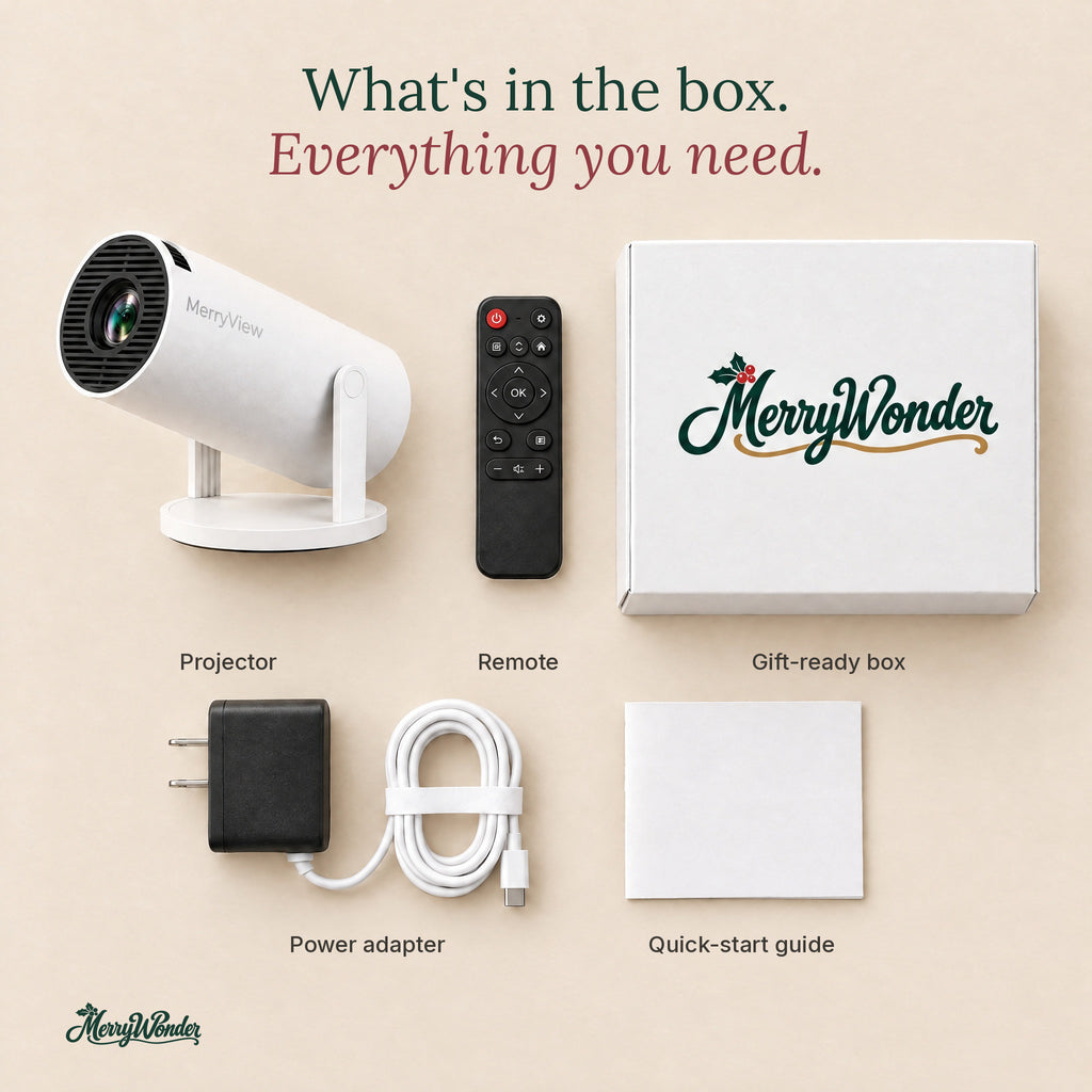 What's in the box – projector, remote, power adapter, quick-start guide and gift-ready box