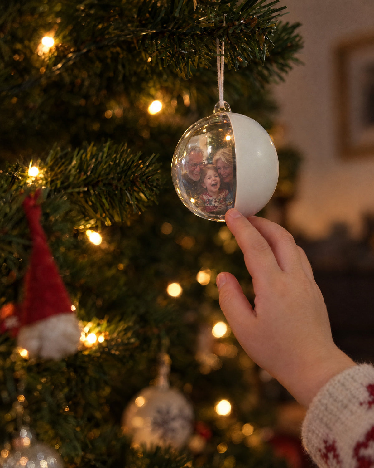 Memory Orb hanging on the Christmas tree, a child's hand reaching for it