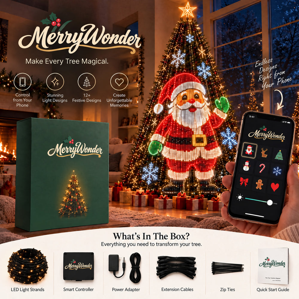 MerryTree animated tree lights – Santa design on the tree, box, app and what's in the box