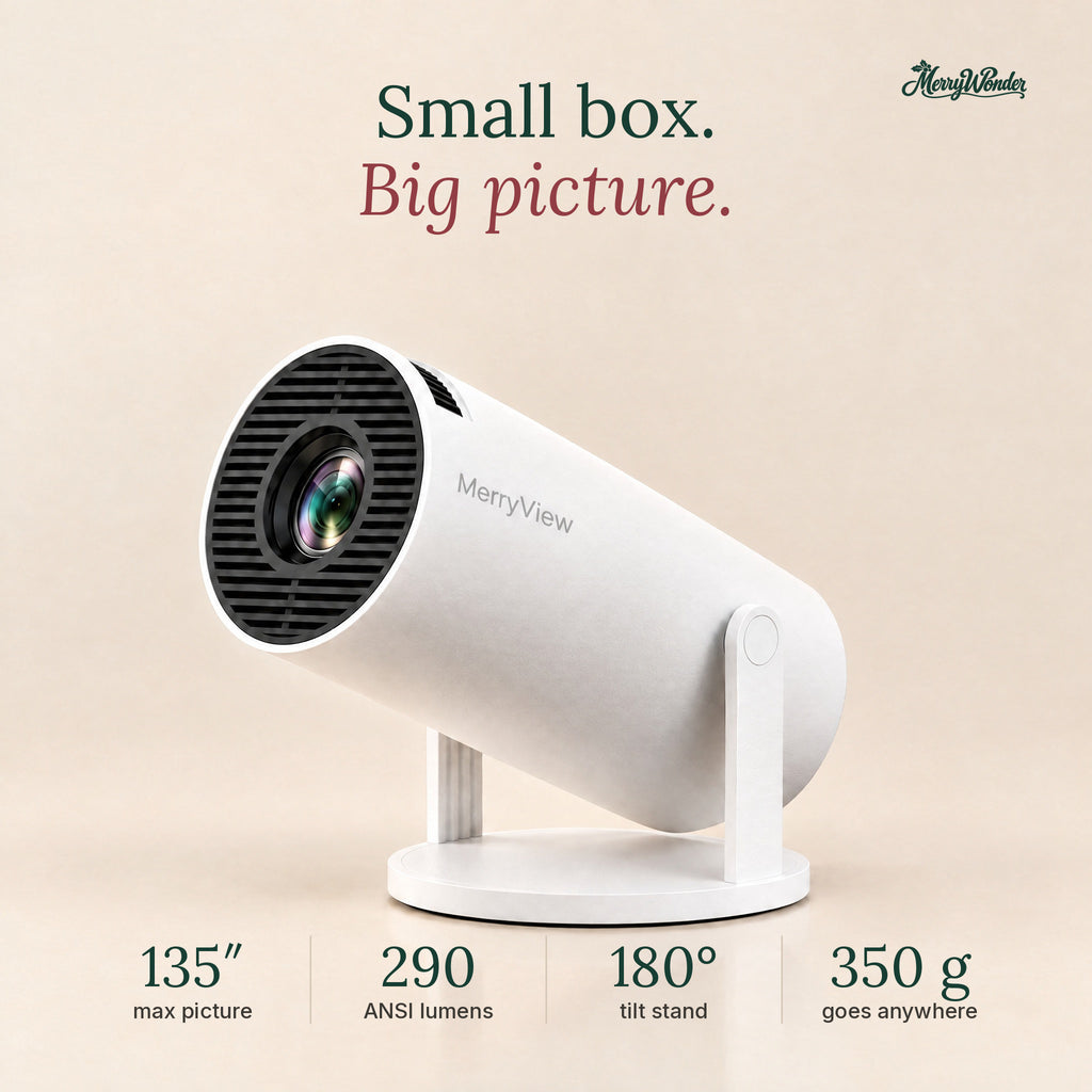 Small box, big picture – up to 135 inch, 290 ANSI lumens, 180° stand, 350 g