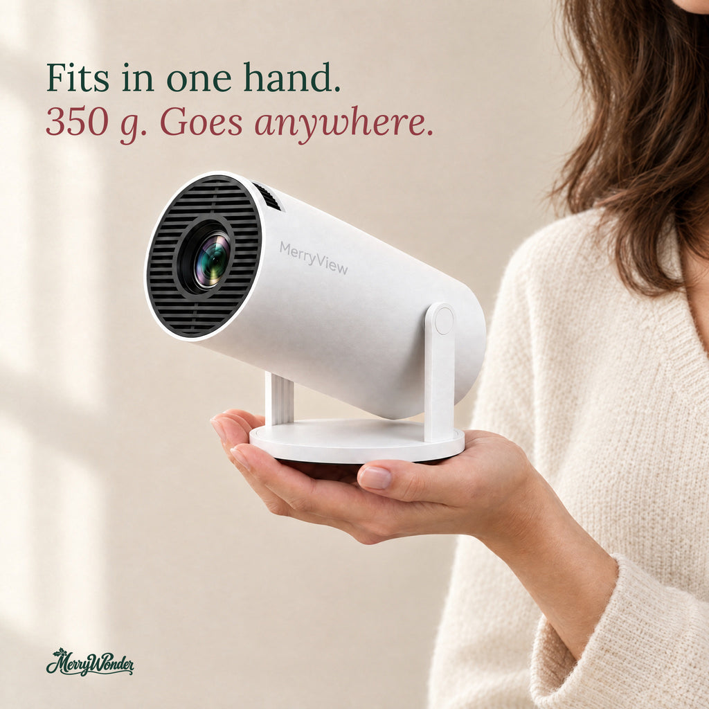 MerryView projector held in one hand – 350 g