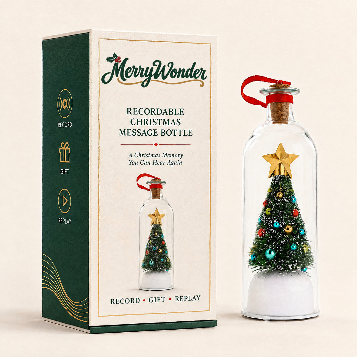 MerryVoice ornament, green tree, with gift box