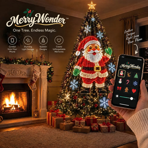 MerryCanvas customizable tree lights – Santa design on the tree, controlled from the phone