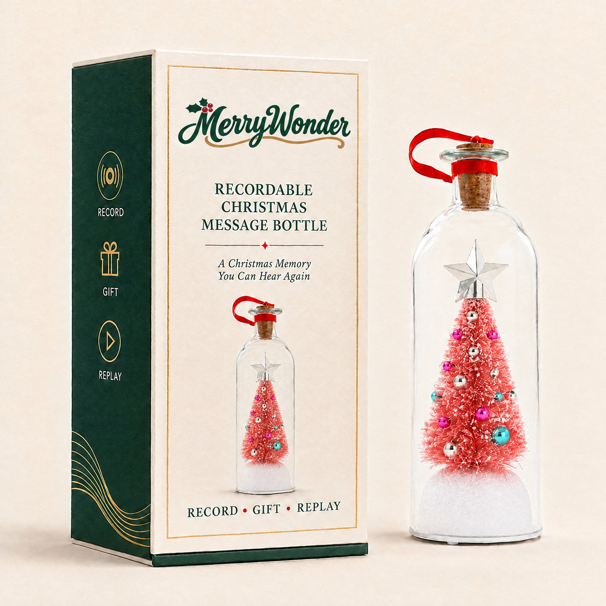 MerryVoice ornament, pink tree, with gift box