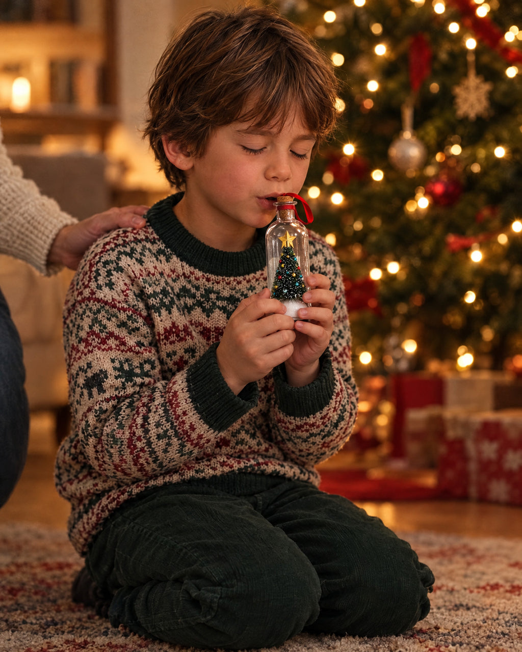 A child recording a message into the ornament