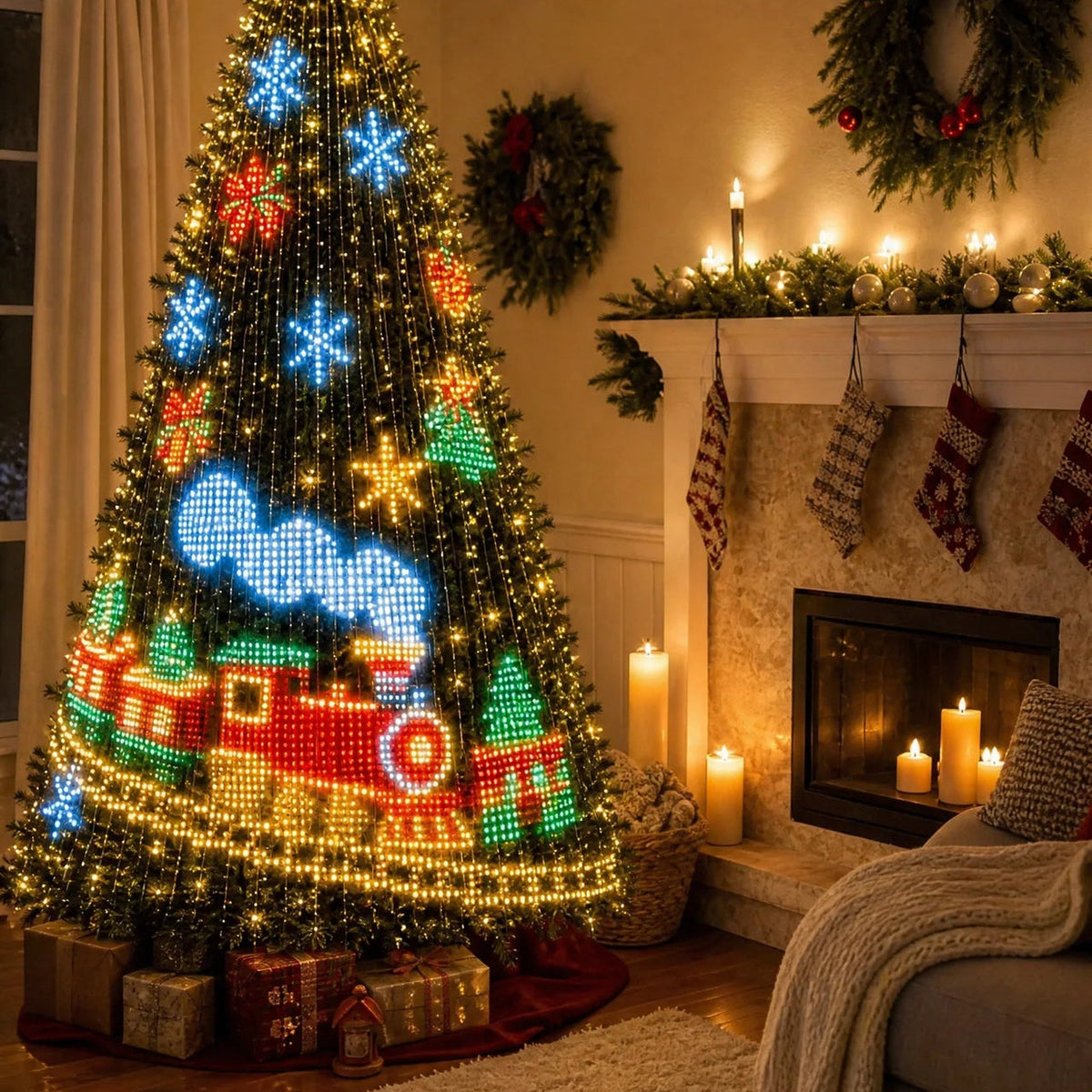 A toy train design animated on the tree
