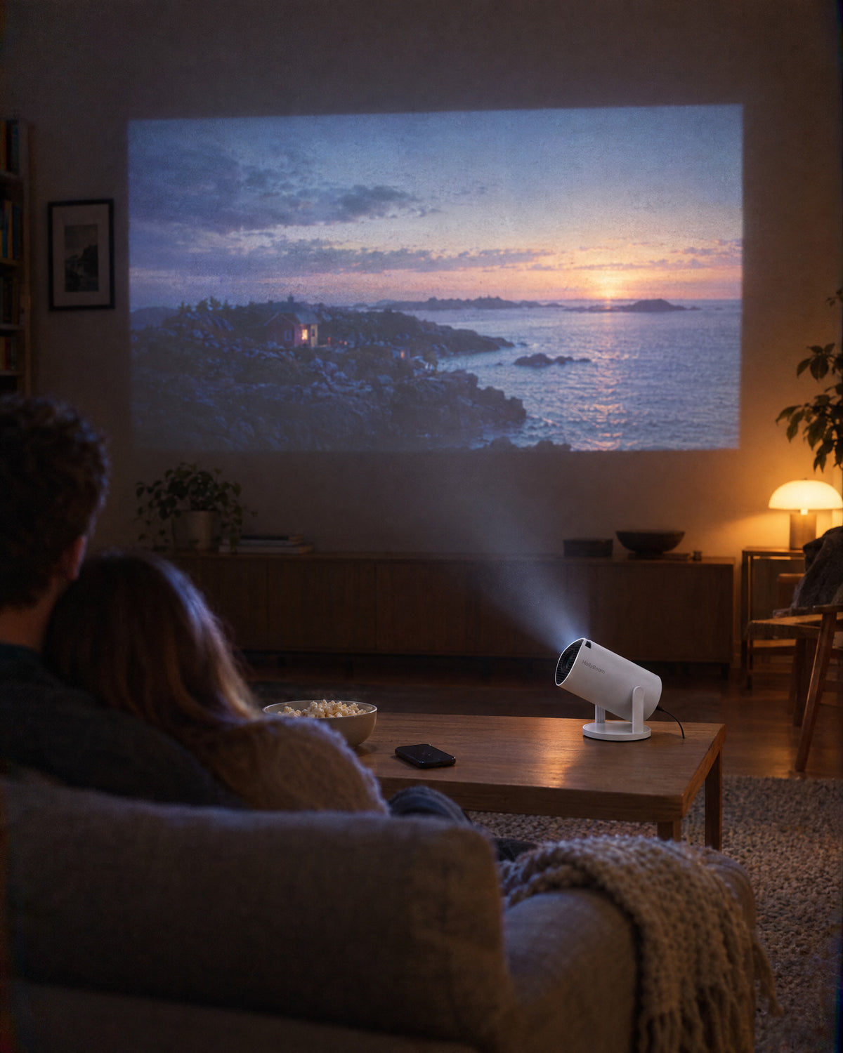 Couple watching a film projected on the living room wall with the MerryView projector
