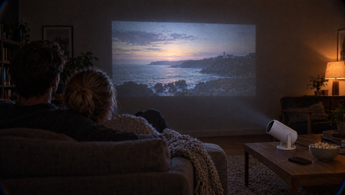 Couple watching a film projected on the living room wall with the MerryView projector