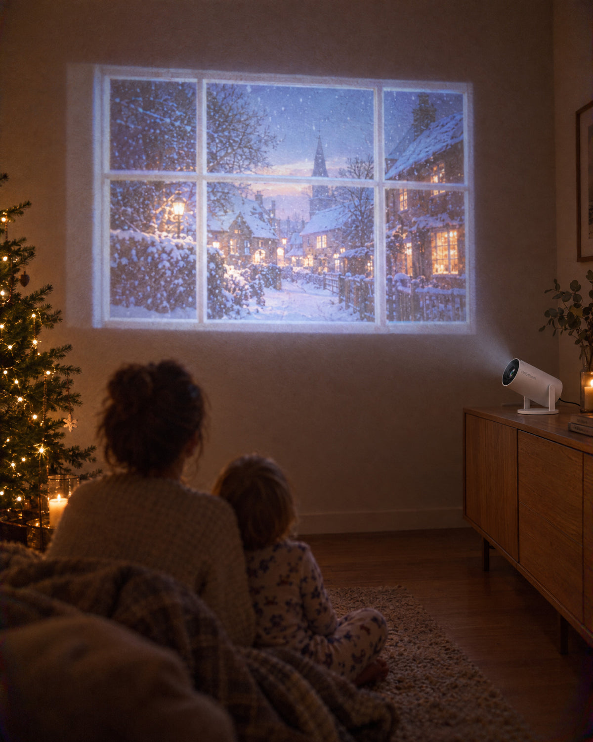 Snowy village scene projected as a window onto a living room wall in December