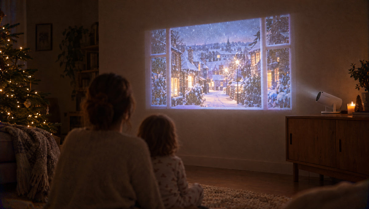 Snowy village scene projected as a window onto a living room wall in December
