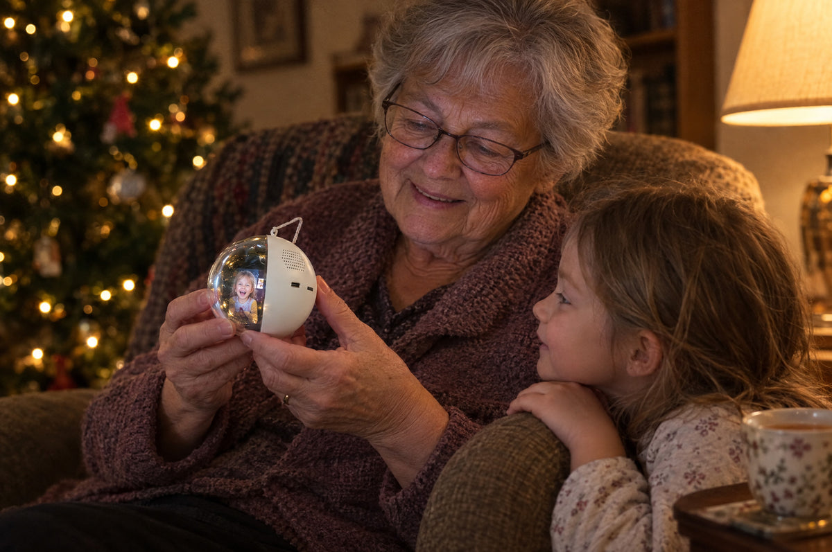 Grandmother and grandchild looking at a photo glowing inside the Memory Orb