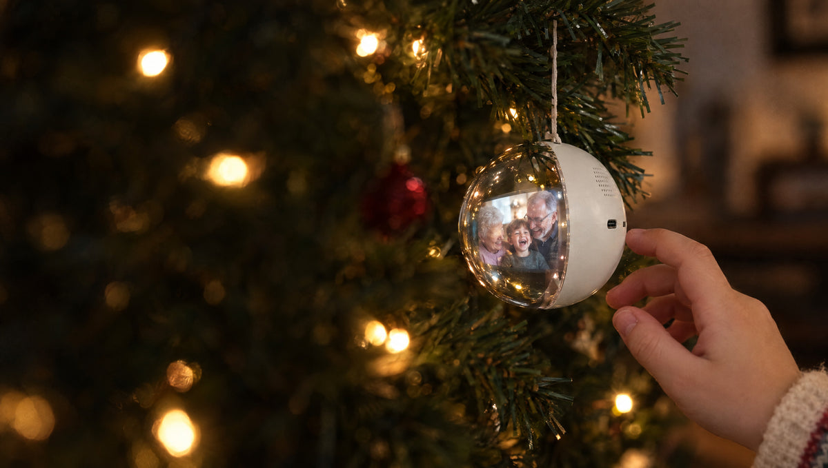 Memory Orb hanging on the Christmas tree, a child's hand reaching for it