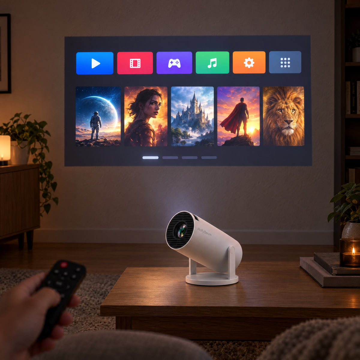 Streaming home screen projected on the wall, remote in hand
