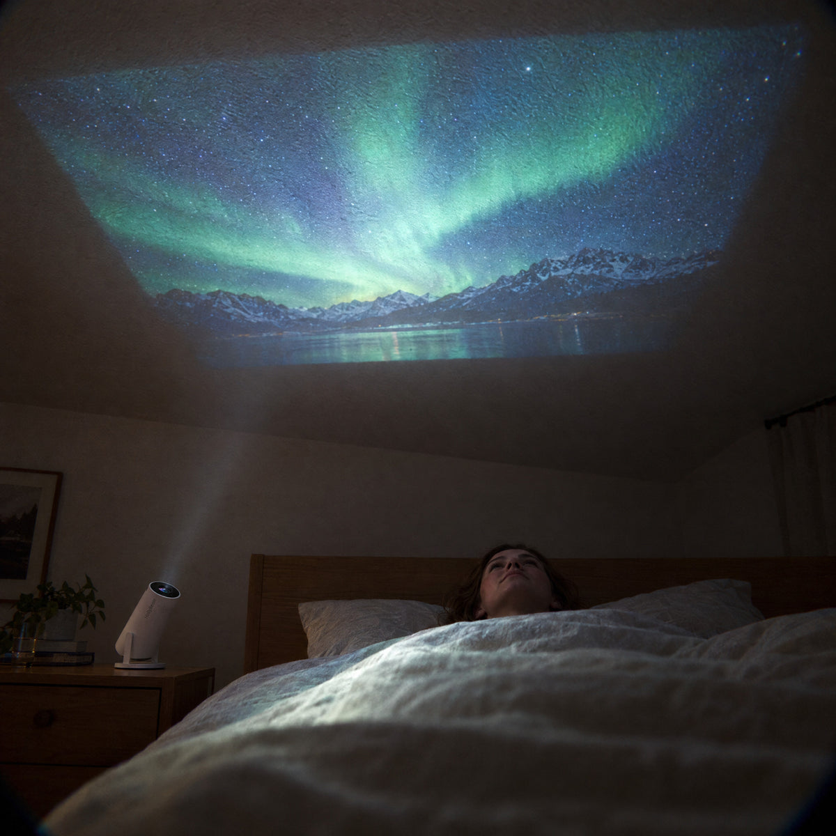 Aurora night sky projected on a bedroom ceiling