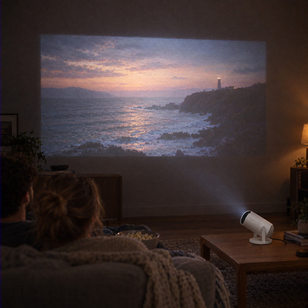 Couple watching a film projected on the living room wall with the MerryView projector