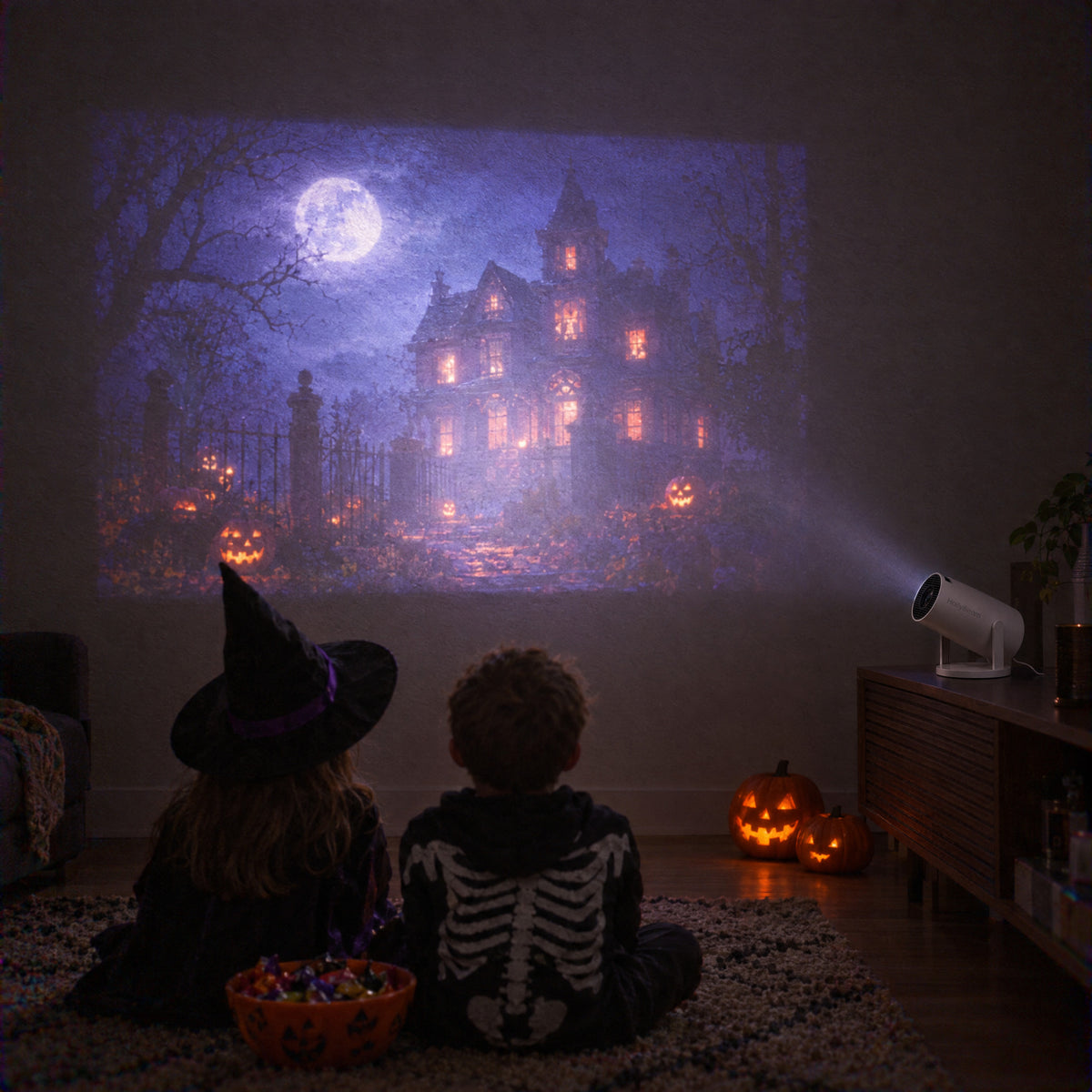 Halloween scene projected on the wall for two kids in costume