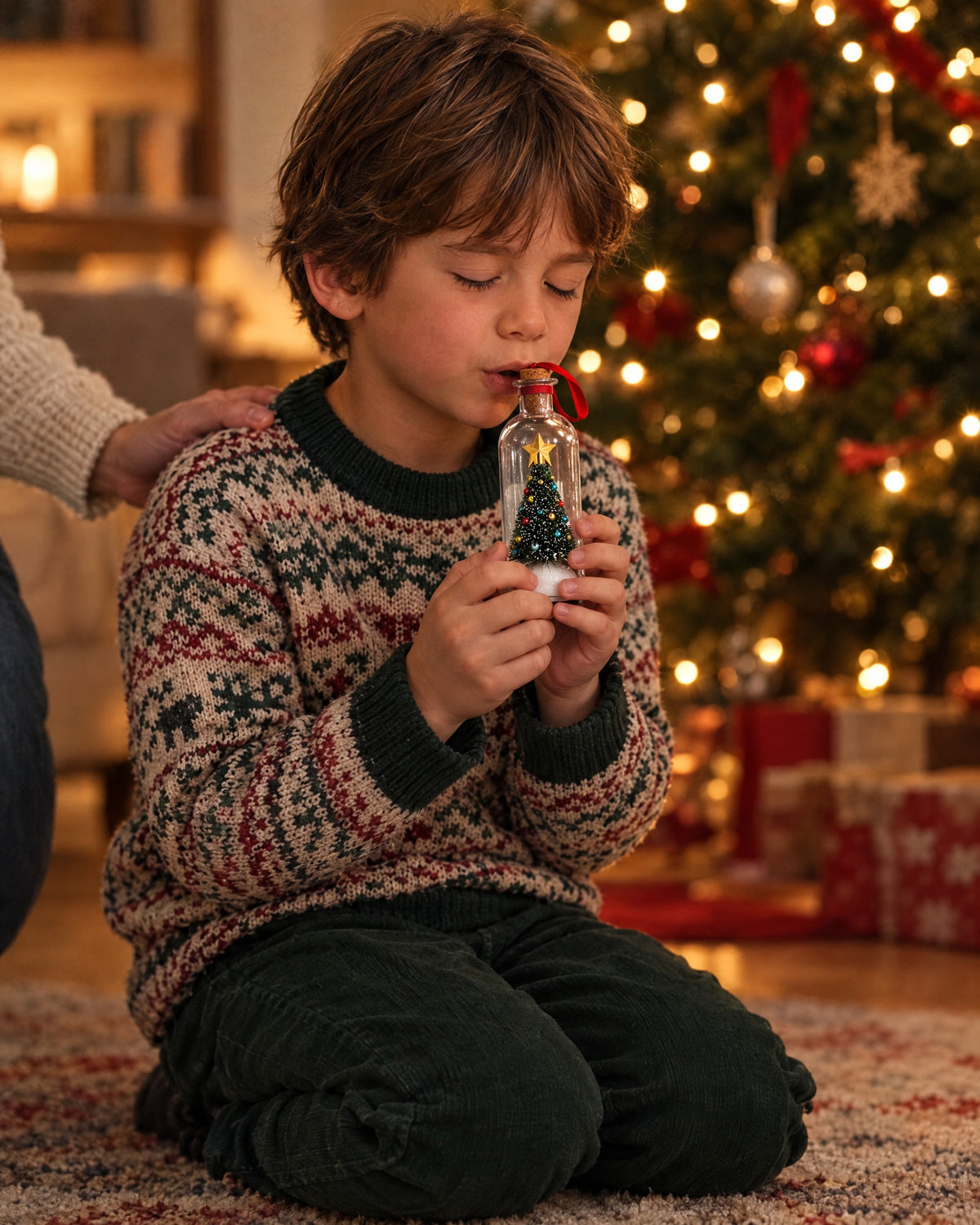 A child recording a message into the ornament