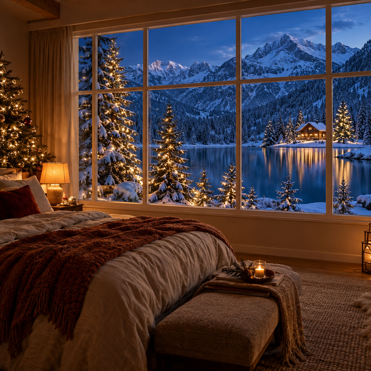 Bedroom with a winter lake window scene