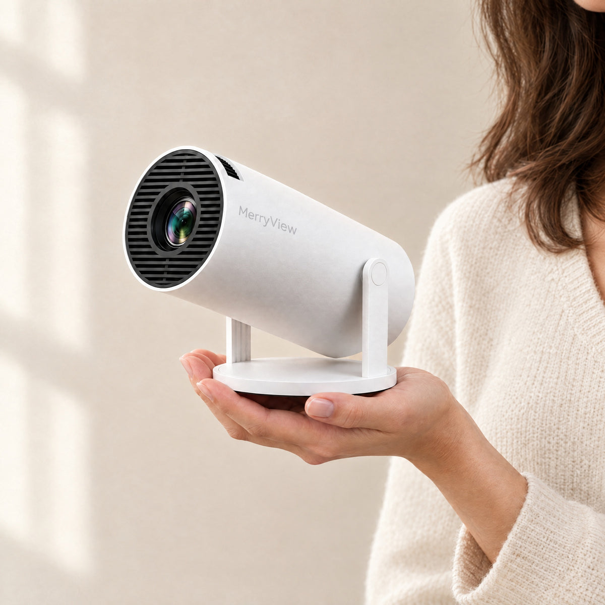 MerryView projector held in one hand