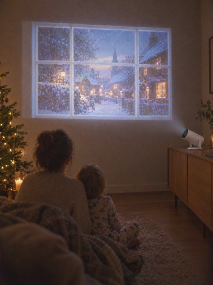 A snowy village projected as a window